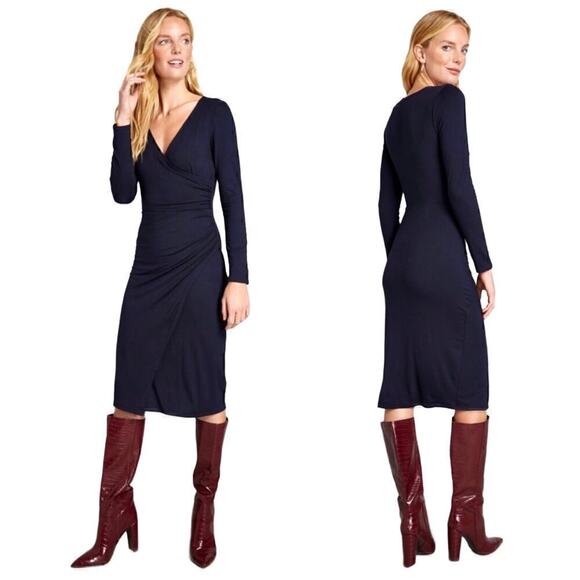 ModCloth Navy Blue Knit On The Town Faux Wrap Midi Dress Small Stretch Corpcore - Picture 1 of 8